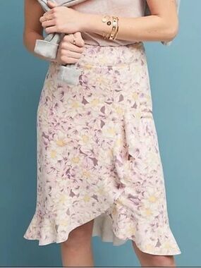 Anthropologie Pastel Floral Asymmetrical Ruffle Skirt in Pink and Yellow